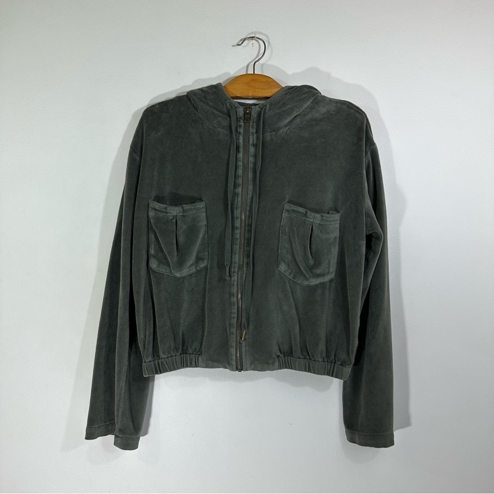 YFB Young Fabulous and Broke Gray Green Velour Velvet Pocket Zip Up Hoodie